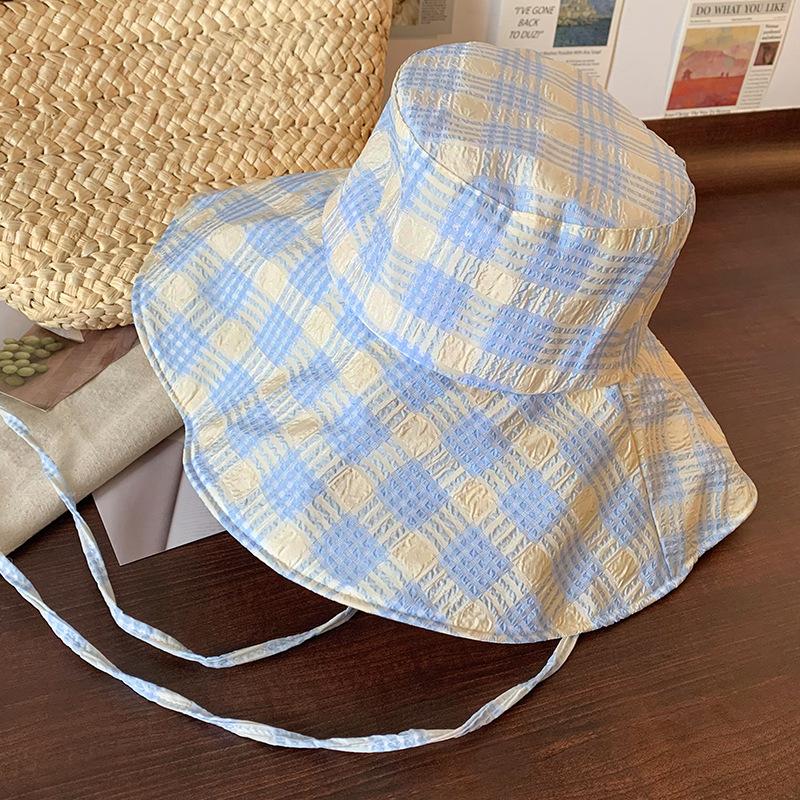 Zhao Ruth Plaid Sunscreen Bucket Hat Women's Summer UV Protection Big Brim Showing Face Small Sun Hat