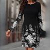 GMXIA Autumn Women's O-Neck Long Sleeve Printed Slim Temperament Dresses