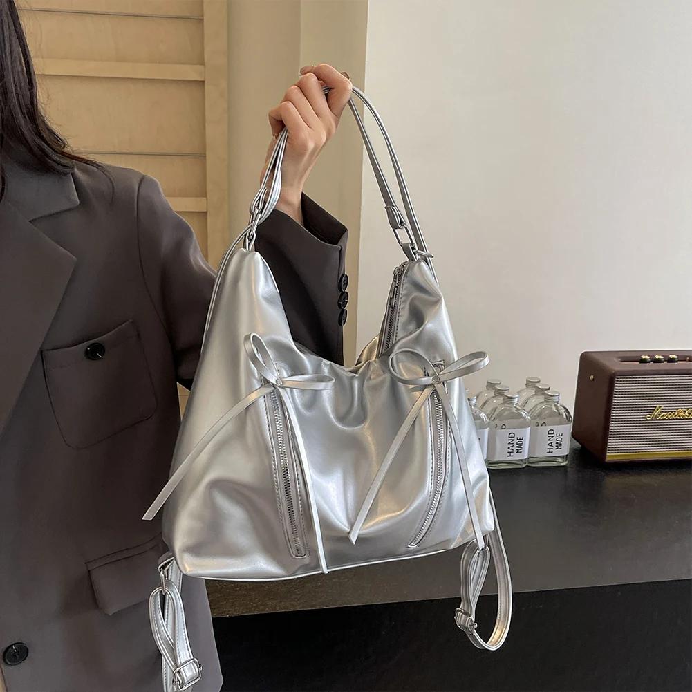 Cute Bow Underarm Bag PU Leather Designer Tote Bag Solid Color Casual Daypack with Zipper Satchel Purse for Women