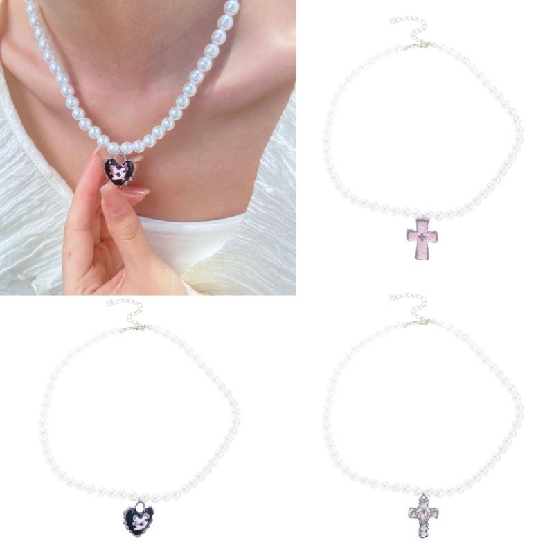 Imitation Pearl Beaded Choker Adjustable Length Neckchain Accessory for Ladies Heart/Crucifix/Cats Pendant Necklace