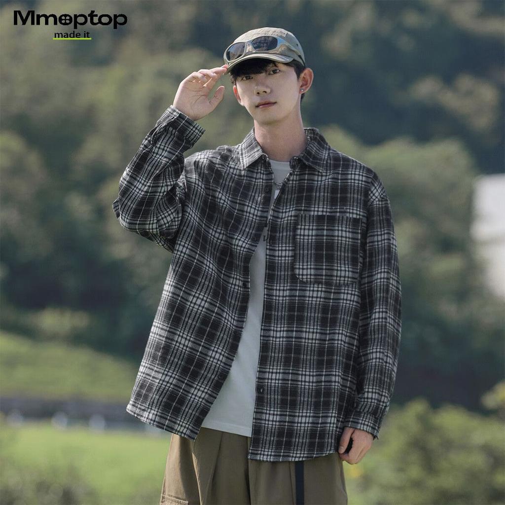 MMOPTOP Japanese Retro Long-Sleeve Plaid Shirt for Men, Spring And Autumn Trendy Loose Casual Jacket 6062, Coffee Color, Size 2XL