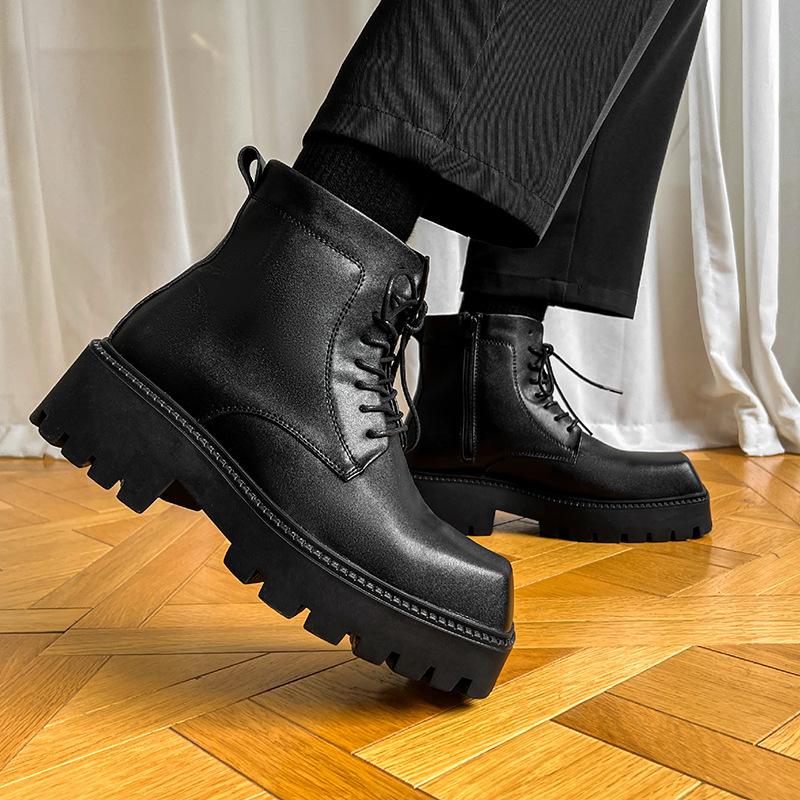 Platform High Top Shoes for Men Black Leather Dress Shoes Japan Korea All-Match Casual Wear-Resistant Footwear Chaussure Homme