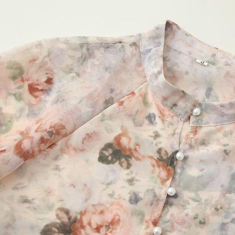 Kaslead New Women Clothes Western Style Fashion Stand Collar Flower Print Long Sleeve Shirts Skirt