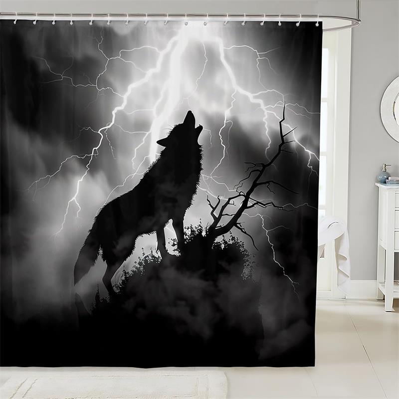 Forest Wolf Shower Curtains Full Moon Mountain Winter Cedar Grey Blue Bathroom Decor Polyester Fabric Bath Curtain With Hooks