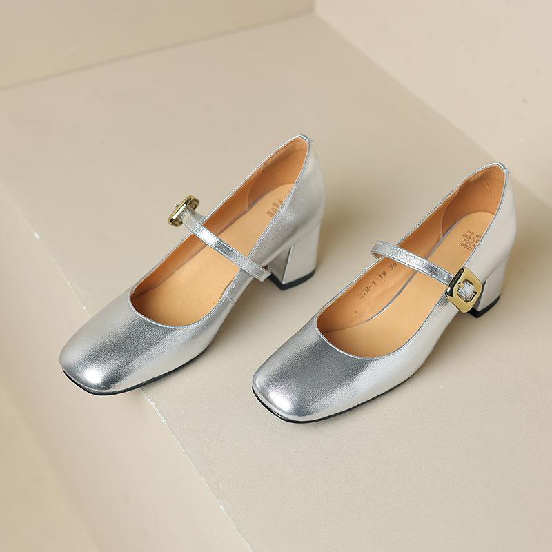 

Spring new product silver square head Mary Jane shoes thick heel single shoes light mouth one word buckle high heels 40 срібний