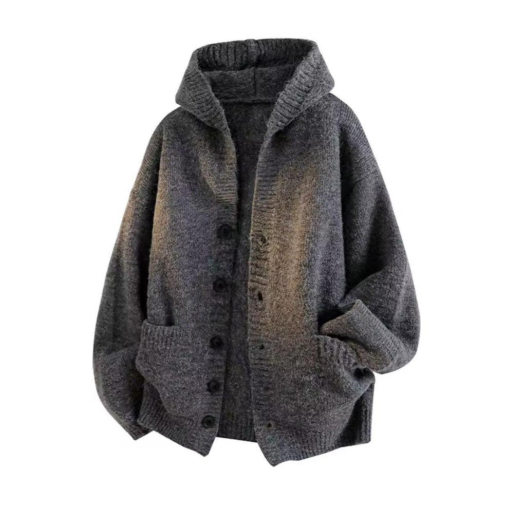 2025 Men's & Women's Dark Gray Hooded Knit Cardigan - American Style Casual Sweater for Autumn & Winter.