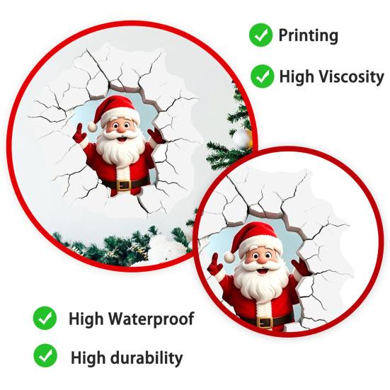 PVC Santa Wall Art for Balcony 3D Claus Sticker, Realistic Breaking Decal Christmas Holiday Decoration, Glass Clings Waterproof Indoor Outdoor Windows