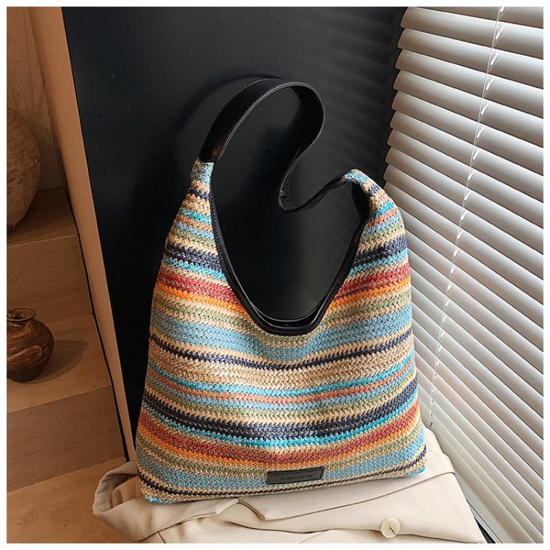 Spring New Striped Simple Shoulder Bag Popular Woven Simple Bag Women's Large-capacity Leisure Bag