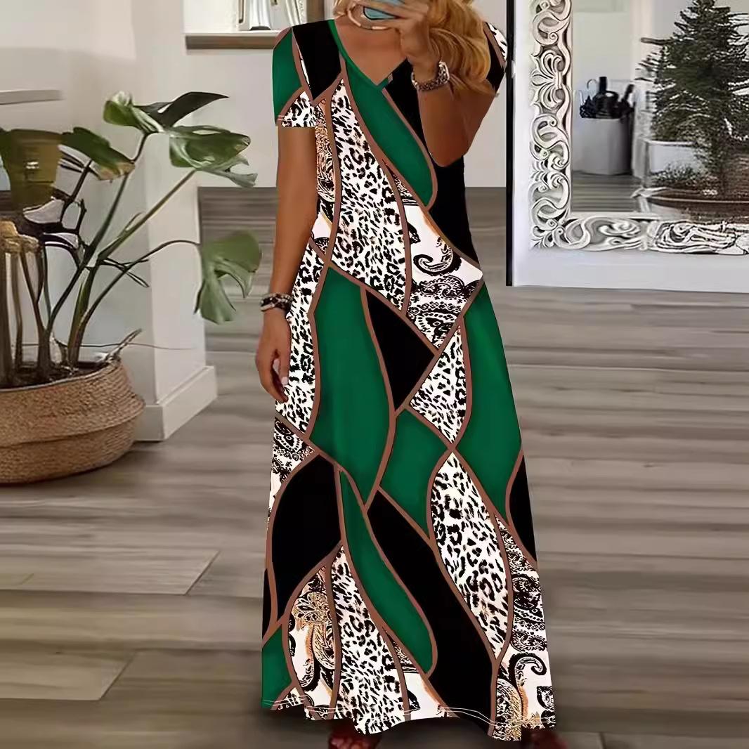 

Женское летнее макси-платье с V-образным вырезом, короткими рукавами и длинным подолом, повседневное платье в этническом стиле с принтом в стиле бохо 2XL зелёный