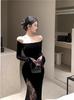 French temperament long-sleeved velvet one-word shoulder dress women's autumn and winter senior sexy hip-wrapped fishtail dress dress