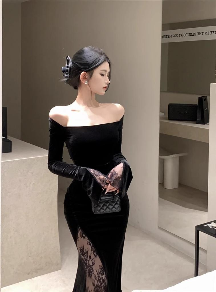 French temperament long-sleeved velvet one-word shoulder dress women's autumn and winter senior sexy hip-wrapped fishtail dress dress