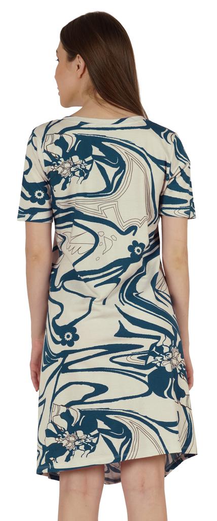Moomaya Cotton Jersey Printed Midi Dress For Women V-Neck Summer Short Sleeves Knee Length