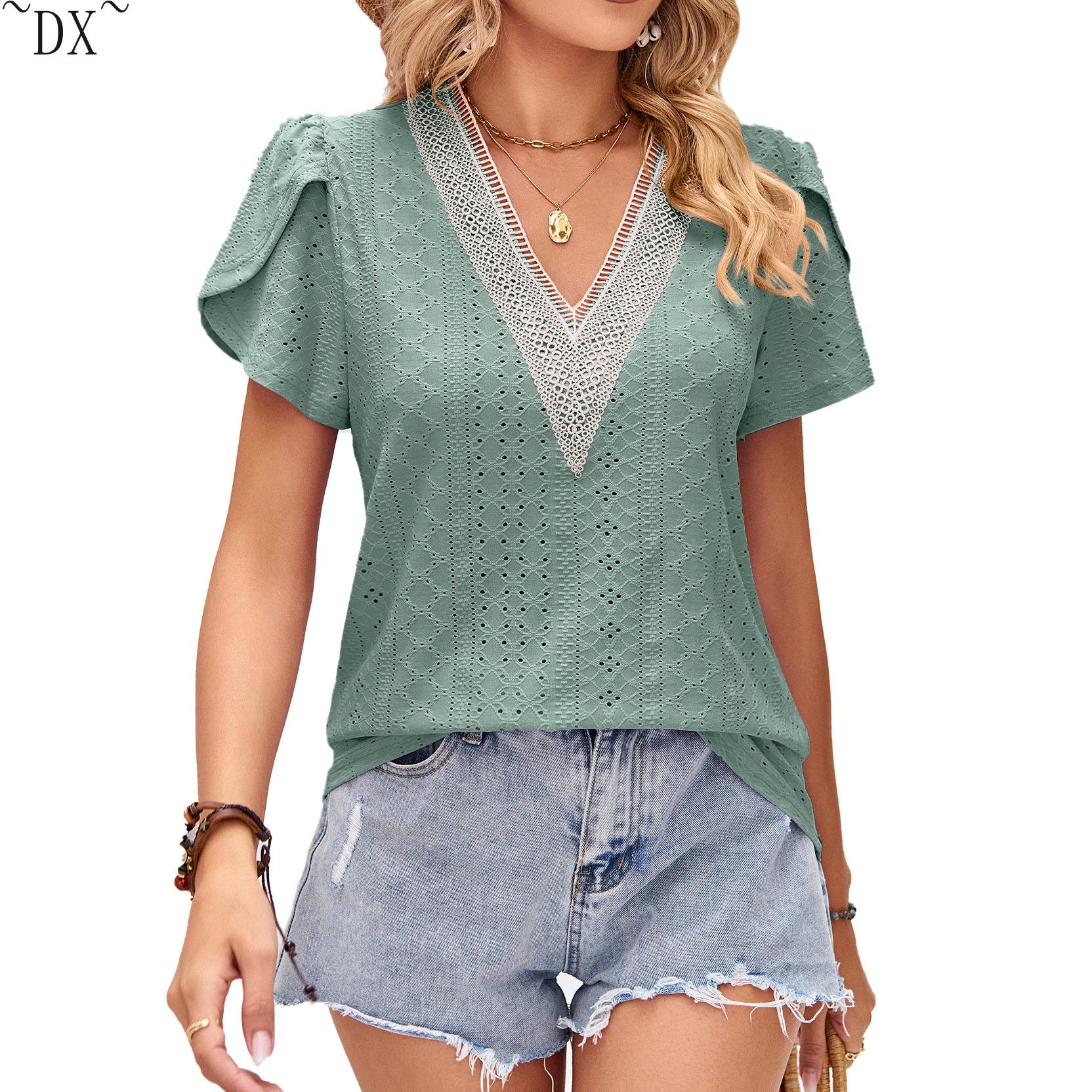 DX~~Женская летняя свободная футболка с v-образным вырезом и кружевными лепестками — фото 25