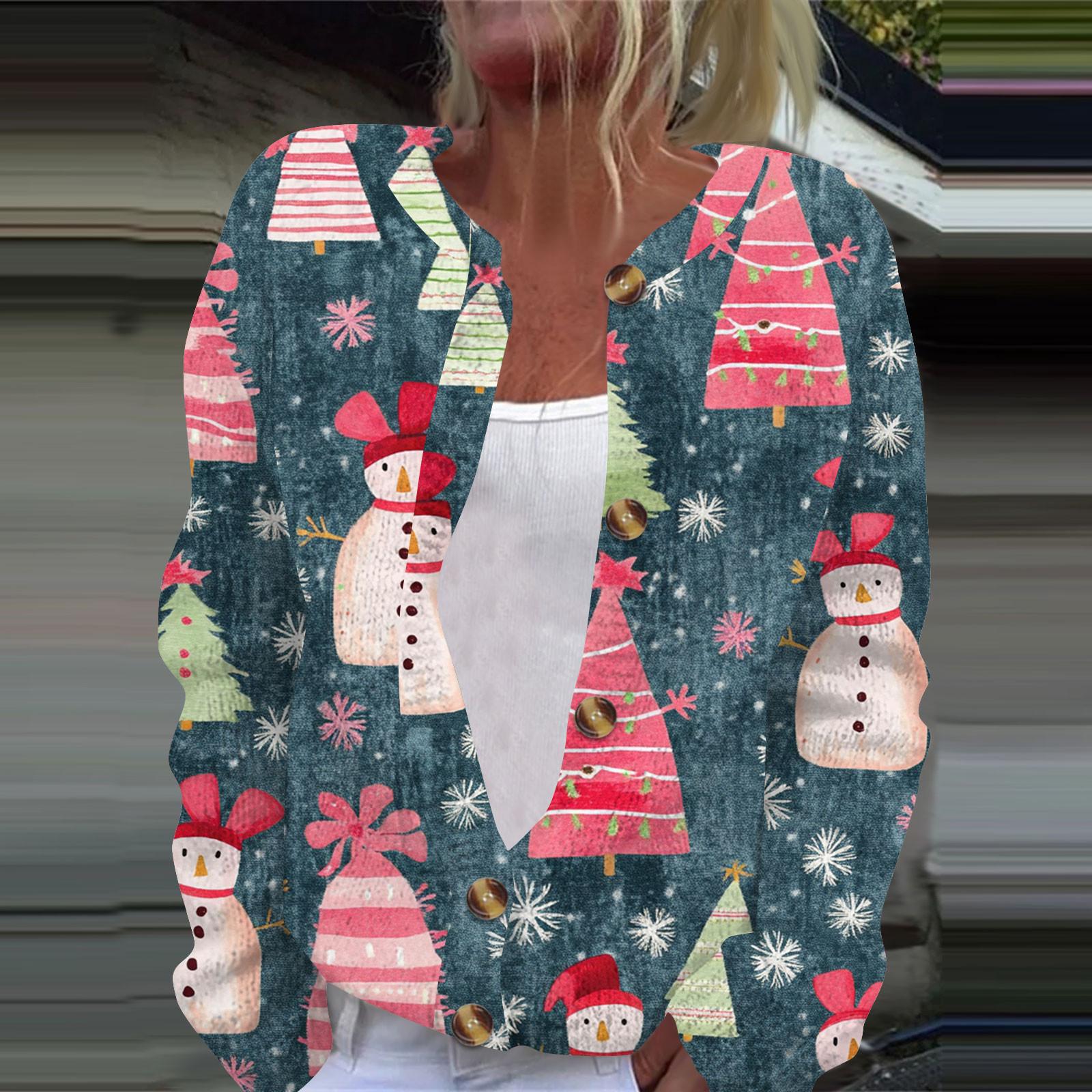 

Жіноча модна різдвяна куртка з довгим рукавом і в язаним ґудзиком XXXXL Темно-синій