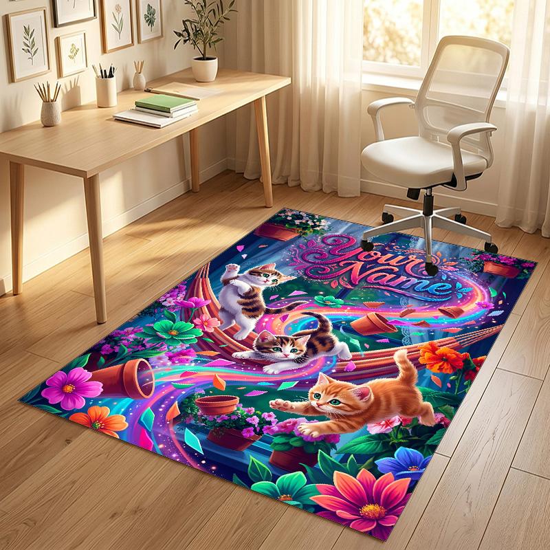 Cat Theme Crystal Velvet Rug Personalized Custom Name Text Soft Floor Mat Home Decor