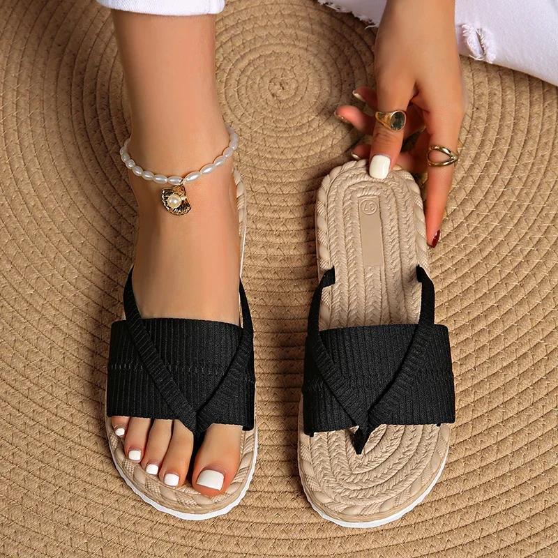 Mode Sommer Damen Schuhe Leichte Zehensteg Flache Hausschuhe für Damen Lässige Elastikband Flip Flops Damen Sandalen Stil Strand Rutschfester Schuh