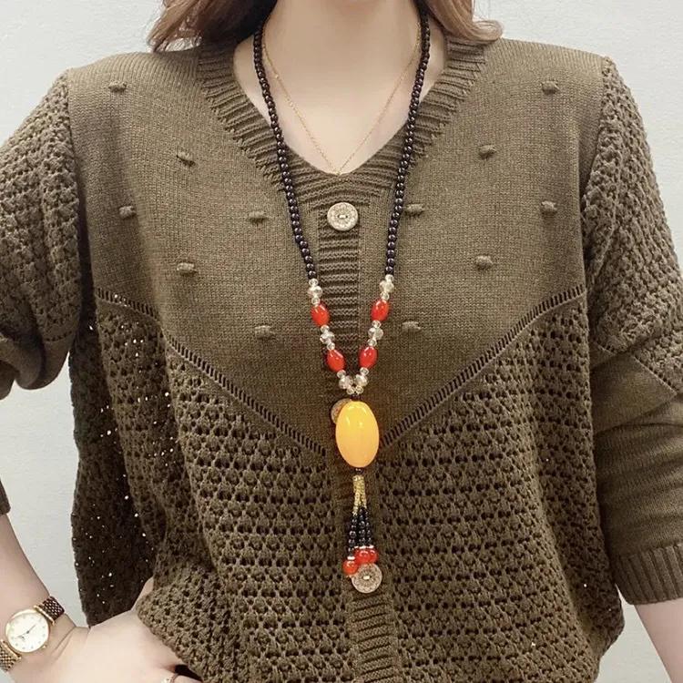 Women's Spring and Autumn Loose Covered Meat Hollowed Out Knit Sweater Mother's Casual Outside Sweater