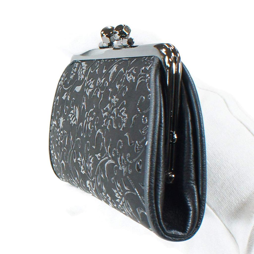 Indenya Inden Coin Purse, 340, Parent and Child, Deerskin, Black with Black Lacquer, Floral Arabesque Pattern, 1501-01-041