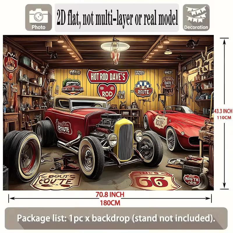 Tapisserie Hot Rod Nostalgique, Garage Rétro avec Roadsters Rouges, Route 66 et Panneaux Vintage Décoration Murale