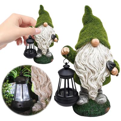 Flocked Gnome Statue with Solar Light Decorative Moss Gnome Figurine Waterproof Funny Garden Sculpture for Outdoor Decor