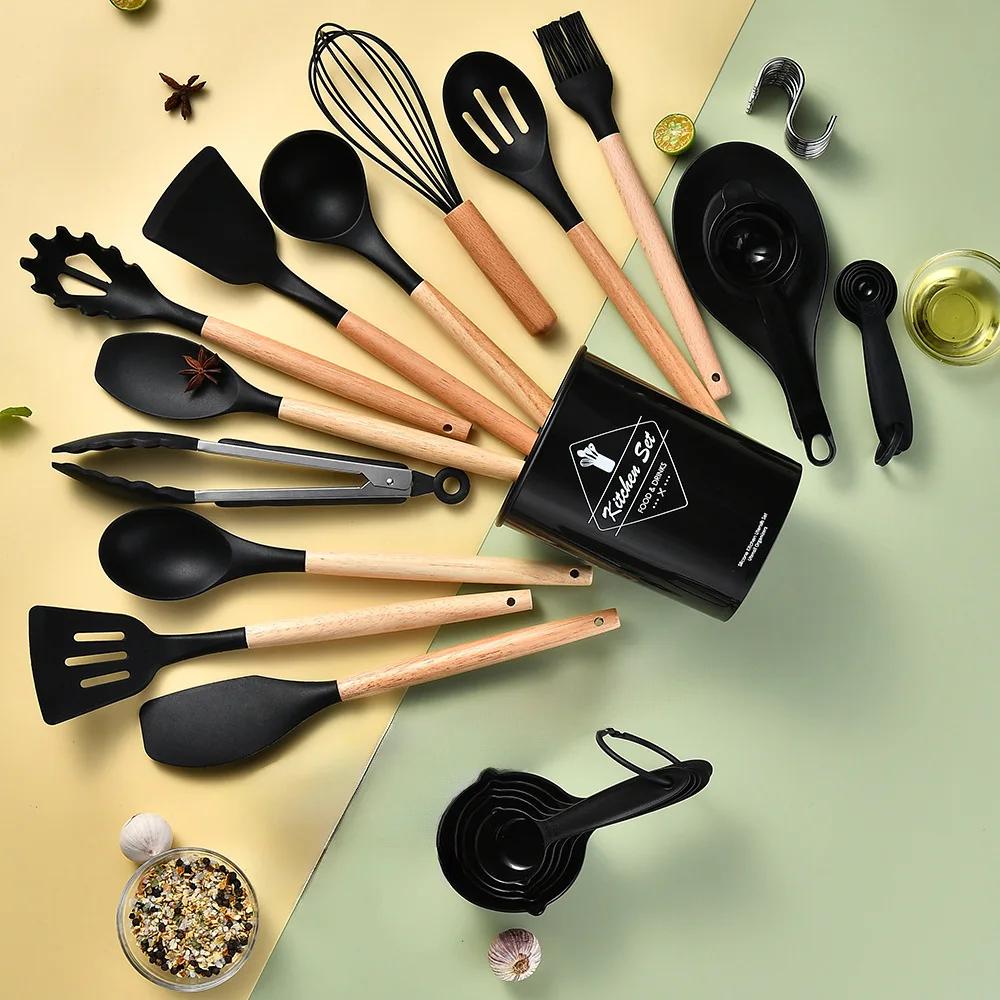 34Pcs Silicone Utensils Set Black Non-Stick Cookware Wooden Handle Spatula Shovel Egg Beaters Kitchenware Kitchen Accessories