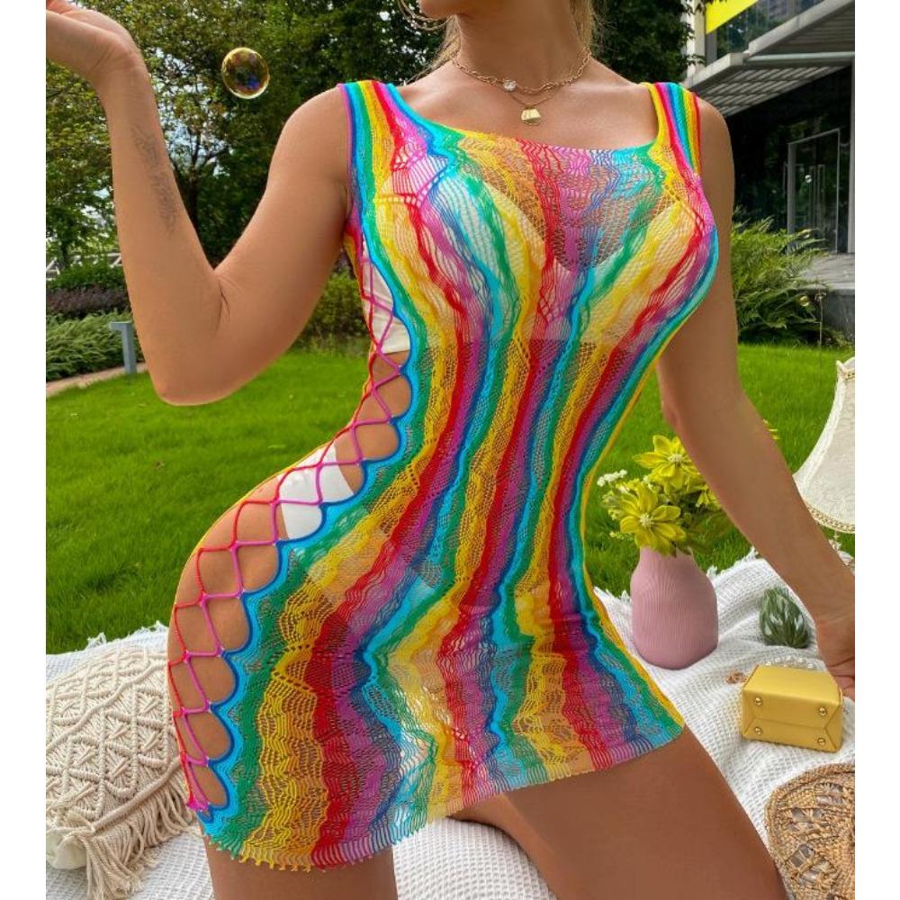 Sexy Rainbow Color Net Clothing Wholesale Dress Bodystocking Ploe Dancewear Lingerie