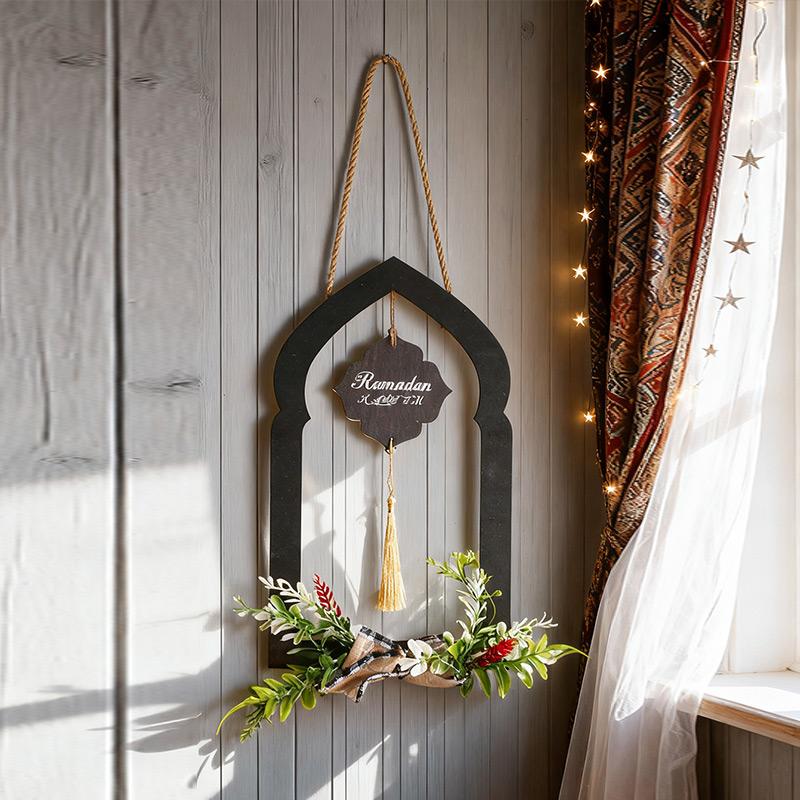 Ramadan Wooden Wall Hanging Decor Islamic Arch Design with Floral Tassel Festive Home Wall Decoration for Ramadan Eid Gift