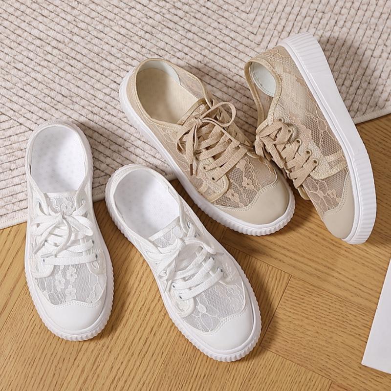 Hollow Lace Women's Shoes Elegant Women's Lace Ballet Flat Shoes - Breathable Soft Flat Versatile Light Mouth White Casual Shoes