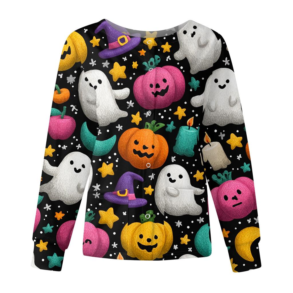 Women's Casual Fashion Long Sleeve Standing Collar Single Breasted Halloween Printed Workwear Jacket Tops