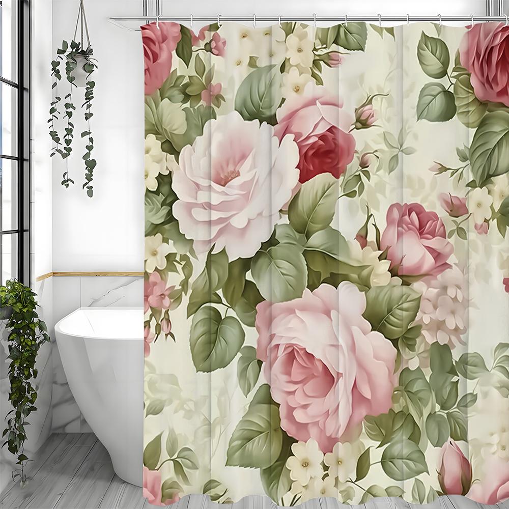 Pink Rose Floral Shower Curtain, Bathroom Decorative Shower Curtain, Waterproof Shower Curtain with Hooks