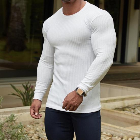 T-shirt à manches longues et col rond pour homme, couleur unie, pull ajusté, chaud, décontracté, respirant, haut de printemps pour un usage quotidien