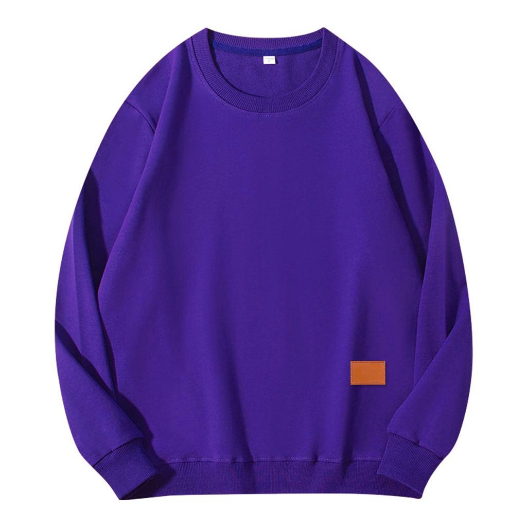 Unisex Solid Color Cowhide Label Round Neck Pullover Ribbed Long-sleeved Sweatshirt