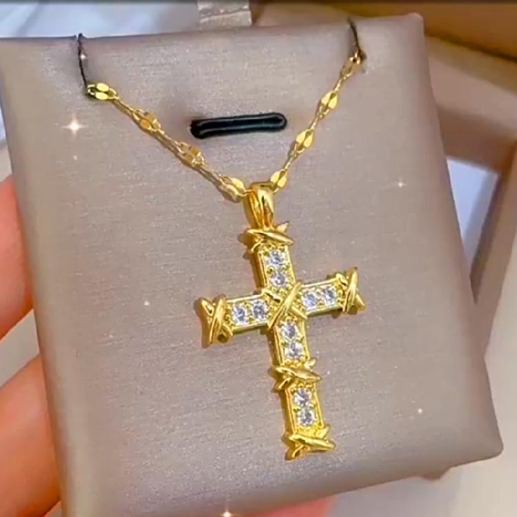 Contemporary Crucifix Shaped Necklace Crystal Embellishments Hypoallergenically Titanium Alloy Jewelry Gift
