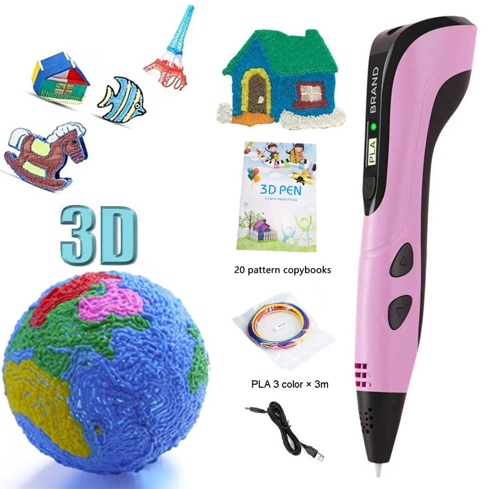 

Детская ЖК-ручка для 3D-рисования и печати с 3 цветами PLA-пластика и 20 тетрадями с образцами для детского образовательного DIY-граффити розовый