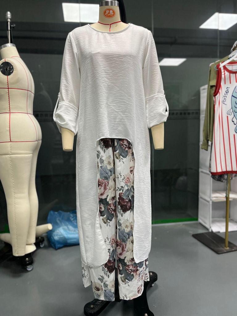 2025 Women's Casual Cotton Linen Irregular Top and Wide-Leg Pants Set with Pockets 