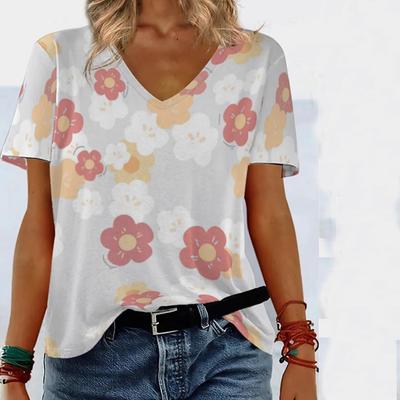Damen-T-Shirts mit Blumendruck, V-Ausschnitt und kurzen Ärmeln