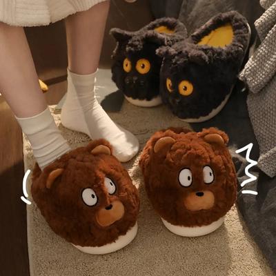 Chinelo de urso de desenho animado para mulheres e homens, inverno, quente, antiderrapante, sapatos de pele sintética, animais adoráveis, plataforma de pelúcia, chinelos femininos para casa