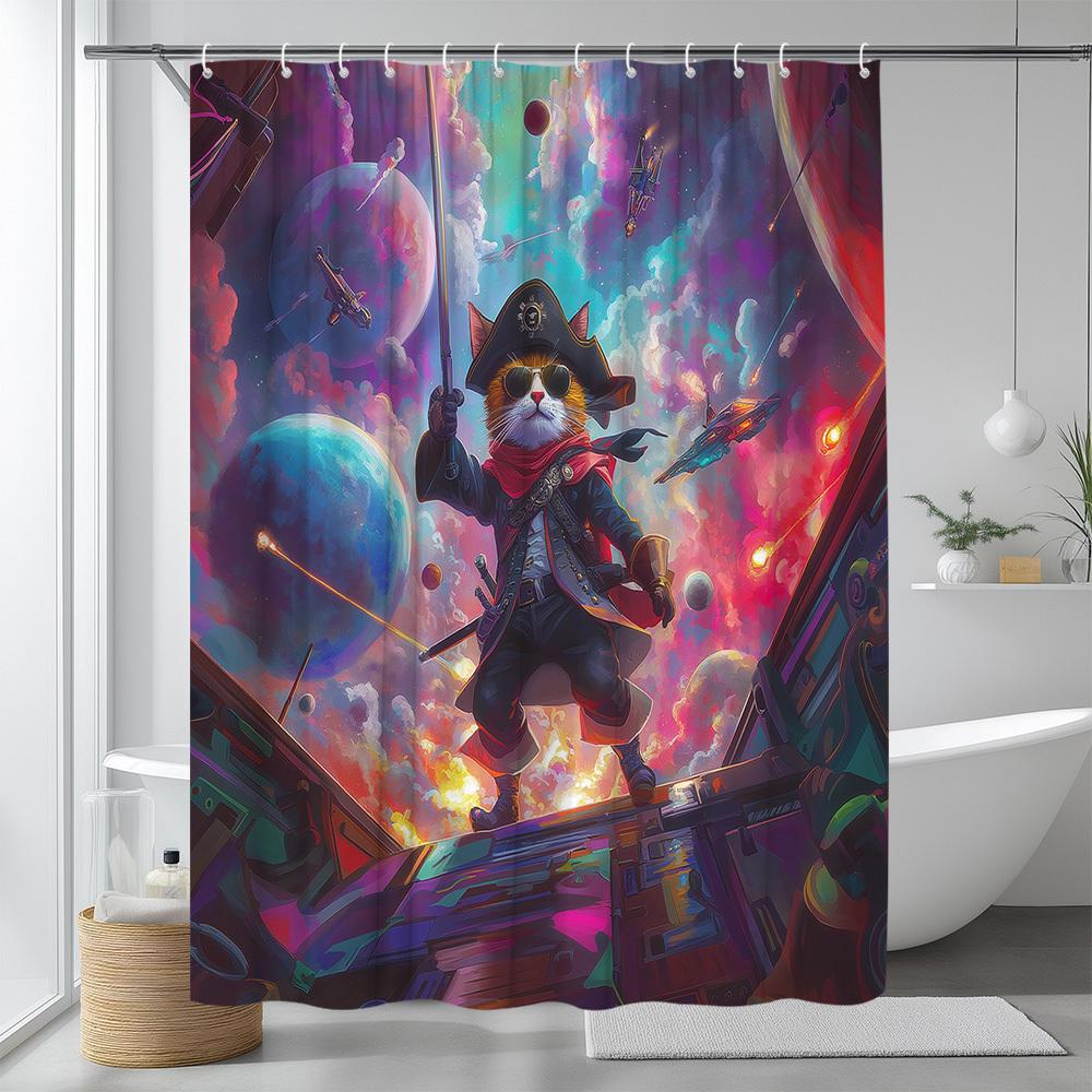 Space Pirate Cat Waterproof Mildew-Resistant Shower Curtain - Fun and Vibrant Design for a Unique Bathroom Décor Experience W90XH180cm
