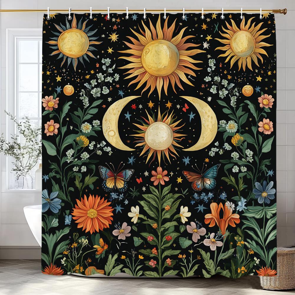 Bohemian Style Flowers And Plants Shower Curtain, Bathroom Decorative Shower Curtain, Waterproof Shower Curtain With Hooks