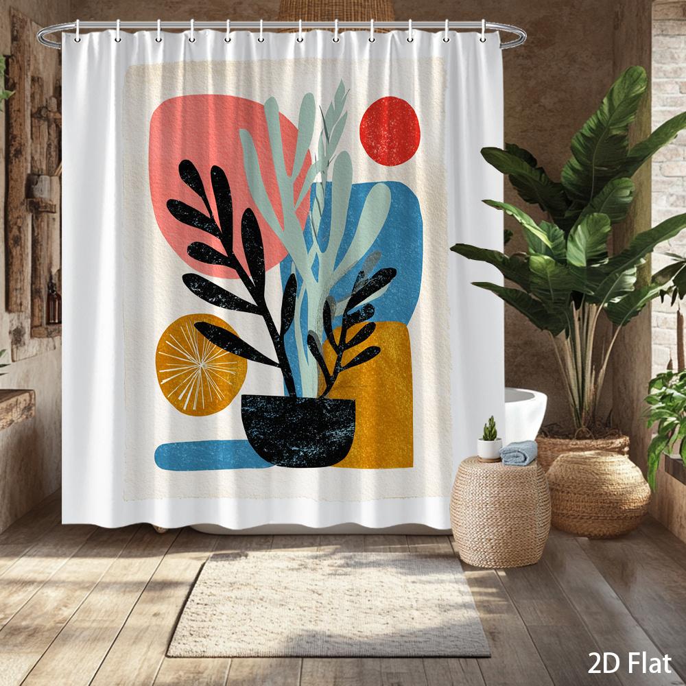 Abstract Plant & Shape Shower Curtain – Colorful Botanical Art, 2D Flat, Machine Washable, Includes Hooks, Multi-Size