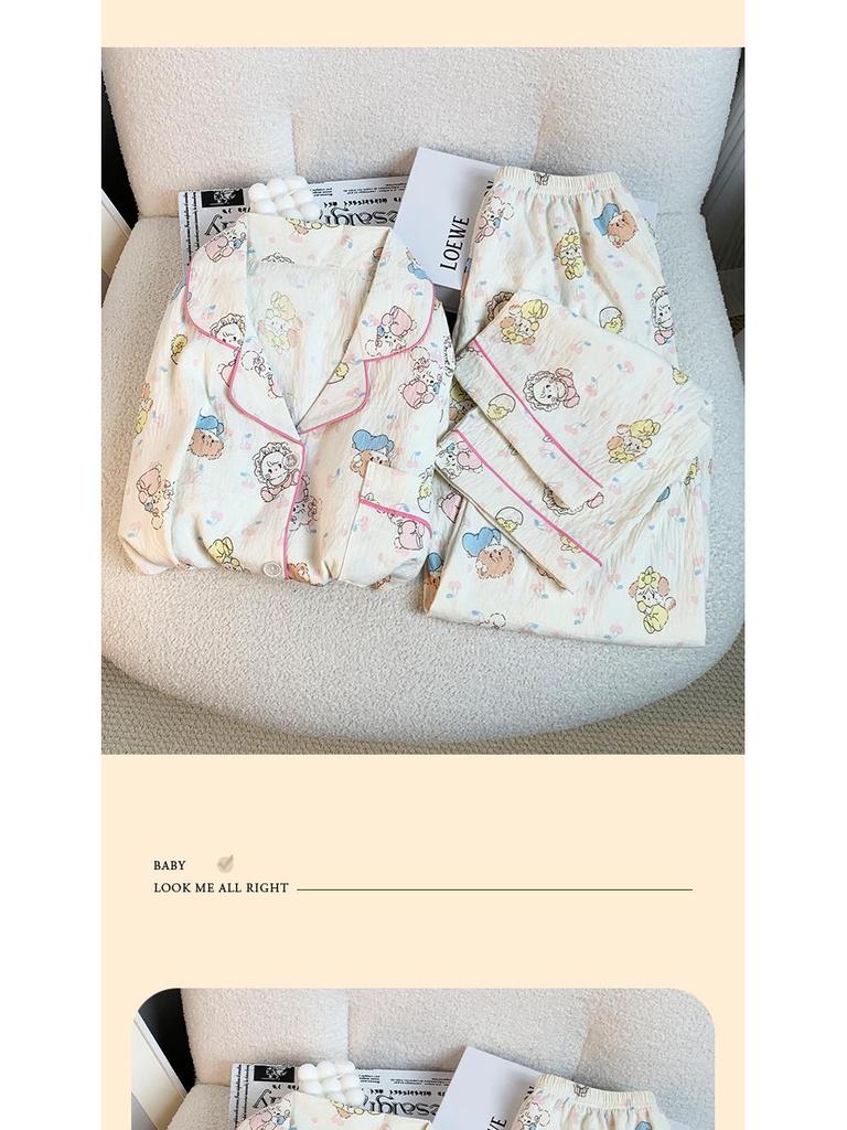 Japanese-Style Cute Cat Print Cotton Pajamas for Women, Long-Sleeved Home Set for Spring & Autumn