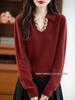 Women's V-Neck Rhinestone Embellished Long Sleeve Polo Collar Sweater