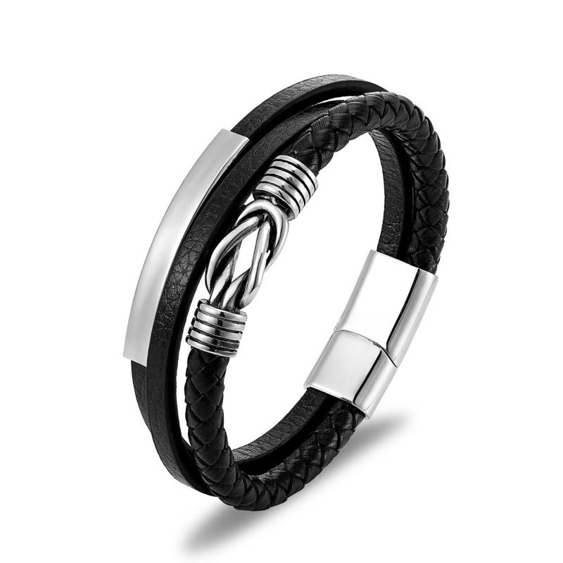 Stainless Steel Leather Braided Multi-Layer Bracelet Men Geometric Design Ins Style Adjustable Length