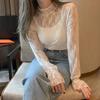 Dot Lace Flower Top Half High Collar Long Sleeved Mesh T-Shirts Transparent Pullover Top  Summer