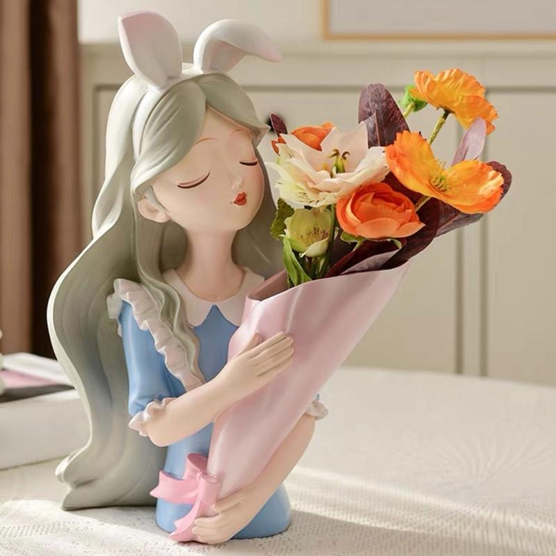 Flower Pot Silicone Mold Vase Epoxy Resin Mold Girl Holding Flowers Succulent Planter Pot Pen Holder Making Mold Crafts