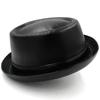 New Fashion Black PU Leather Trilby Hat – Unisex Fedora, Retro Porkpie Cap, Autumn/Winter Vintage Jazz Style, Factory Wholesale
