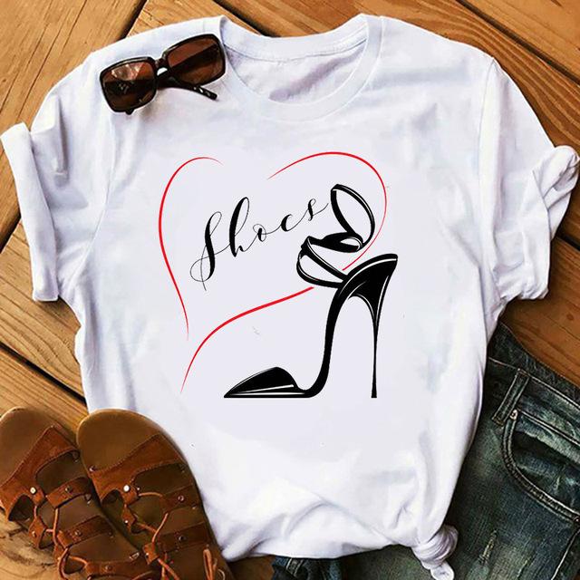 Kpop Korean Fashion High Heels Graphic Woman T-Shirt 90S Summer Loose Short Sleeve O-Neck Female Tops Kawaii Clothes