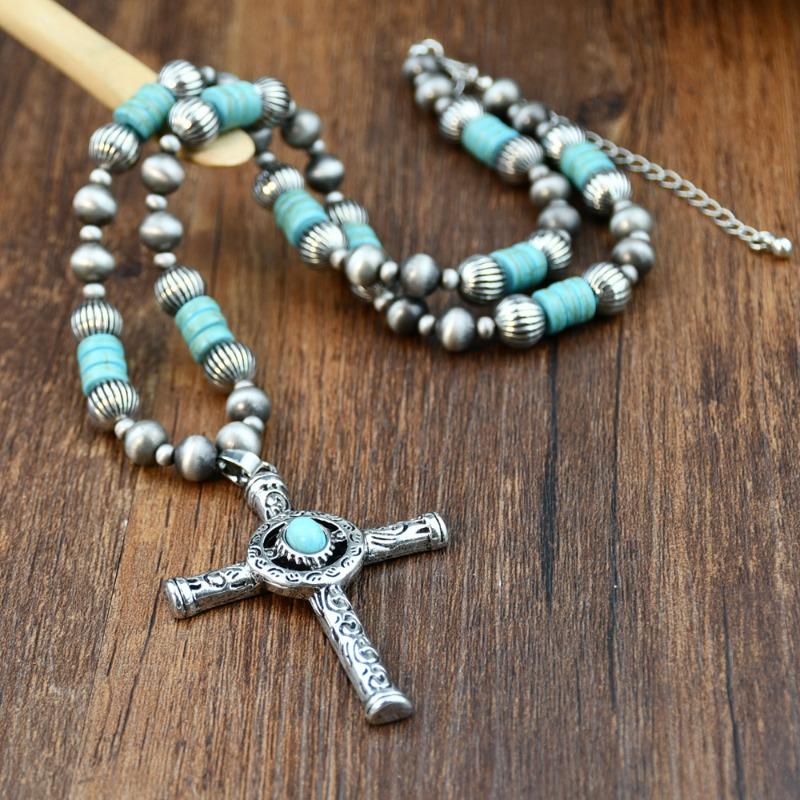 GemChic Women's New Vintage Turquoise Beads Alloy Cross Pendant Necklace Ethnic Chain Fashion Birthday Christmas Jewelry Gift