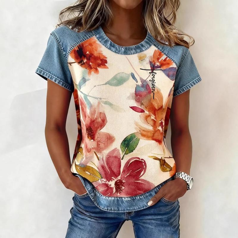 New Printed Imitation Denim Women's Short-sleeved T-shirt 3D Digital Summer Top Fashion Women's Clothing