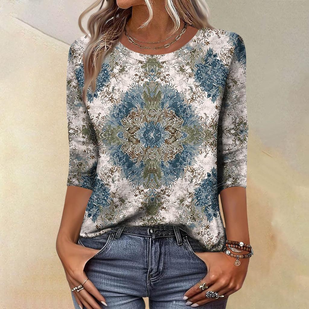 Trendy Vintage 3/4 Sleeve Top For Women,Ladies Casual Three Quarter Sleeve Round Collar Printed T-Shirt Blouse